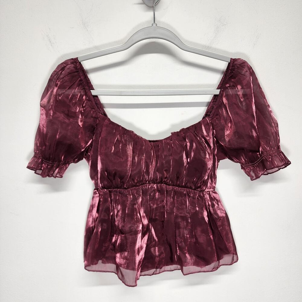 Thirty Thirty Womens Babydoll Top Sz S Puff Sleeve Crop Peplum Romantic Milkmaid